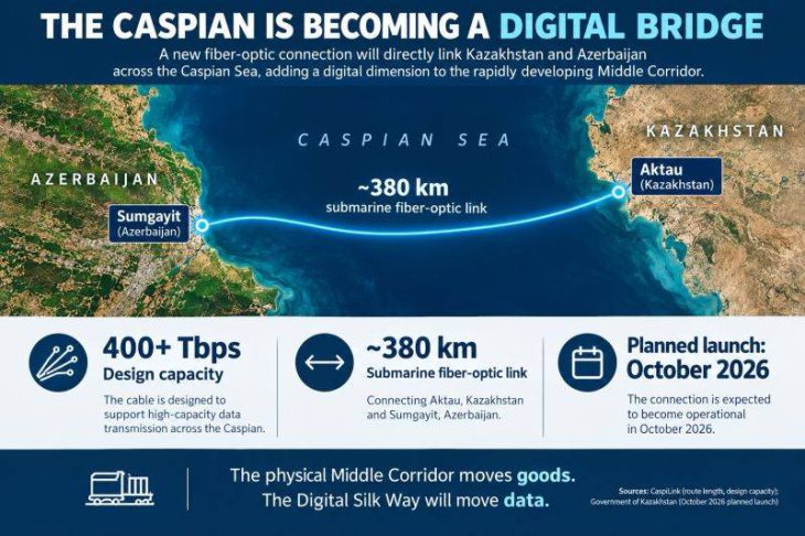 Kazakhstan and Azerbaijan have launched a 380-kilometer fiber-optic communication line across the Caspian Sea